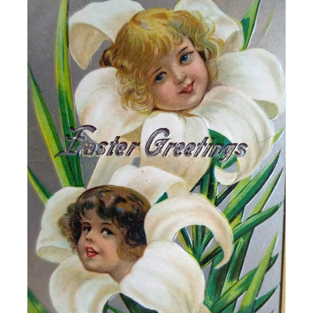 Easter Postcard Humanized Flower Head Girls Fantasy Embossed Anthropomorphic